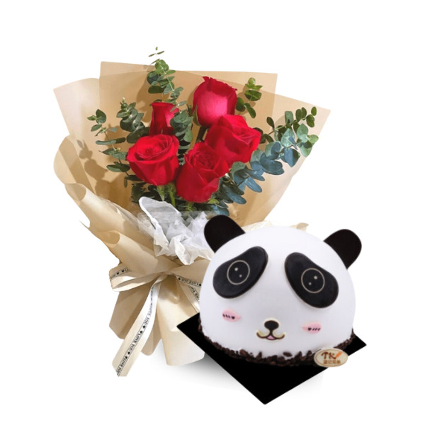 Funny Panda cake with flower bouquet.