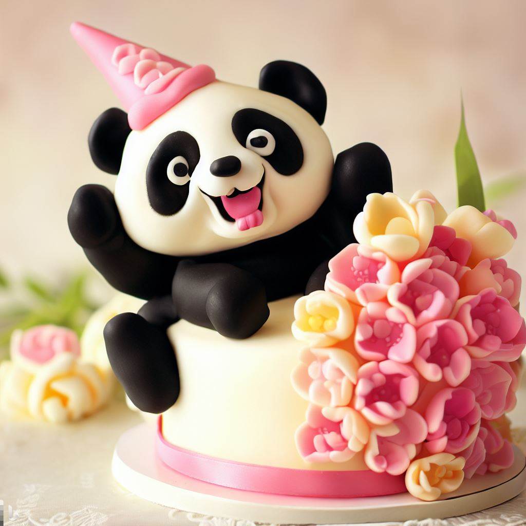 Funny Panda Cake And Bouquet