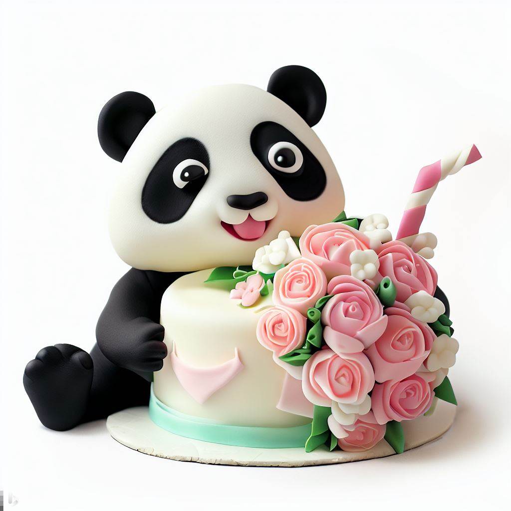 Funny Panda Cake And Bouquet