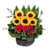 Sunflower baskets with red roses.