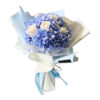 Hydrangea With White Roses flower arrangement. Decorated with blue and white wrapping and a blue ribbon.